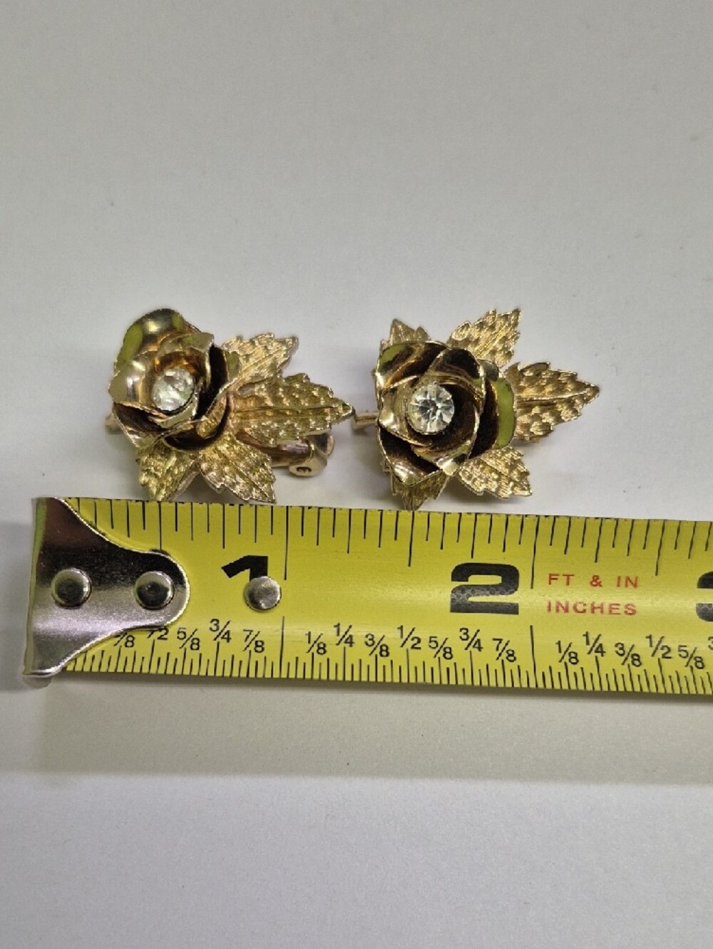 Vintage Coro Gold-Tone Rose Leaf Brooch and Clip Earring Set with Clear Stones - Picture 6 of 9